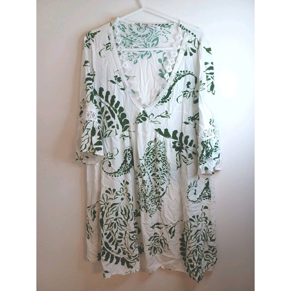 Cupshe Cover Up Tropical Dress Womens O/S Green White Floral V Neck Boho Sleeves